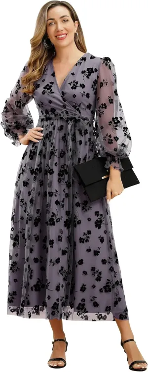 Women Floral Embroidered Maxi Dress Long Puff Sleeve Tulle Prom Dresses Belt V Neck Lantern Long Sleeve Homecoming Dresses