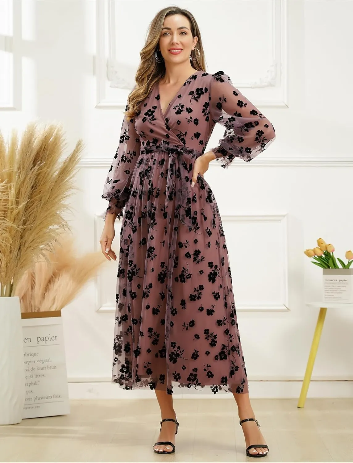 Women Floral Embroidered Maxi Dress Long Puff Sleeve Tulle Prom Dresses Belt V Neck Lantern Long Sleeve Homecoming Dresses