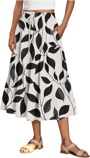 Women Flowy Pleated Skirts Elastic High Waist Drawstring Midi Skirt Boho Casual Summer Printed Ruffle Tiered Dress