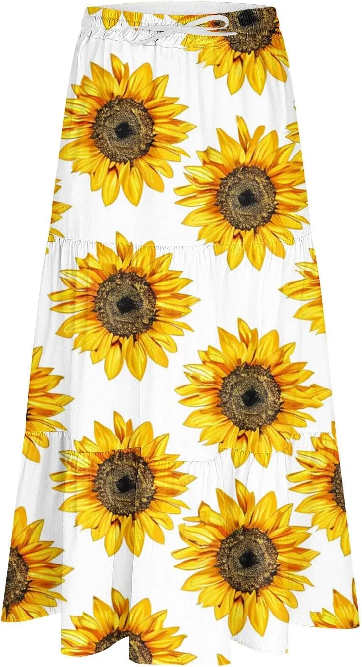 Women Flowy Pleated Skirts Elastic High Waist Drawstring Midi Skirt Boho Casual Summer Printed Ruffle Tiered Dress