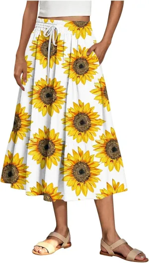 Women Flowy Pleated Skirts Elastic High Waist Drawstring Midi Skirt Boho Casual Summer Printed Ruffle Tiered Dress