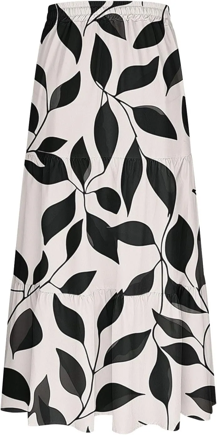 Women Flowy Pleated Skirts Elastic High Waist Drawstring Midi Skirt Boho Casual Summer Printed Ruffle Tiered Dress