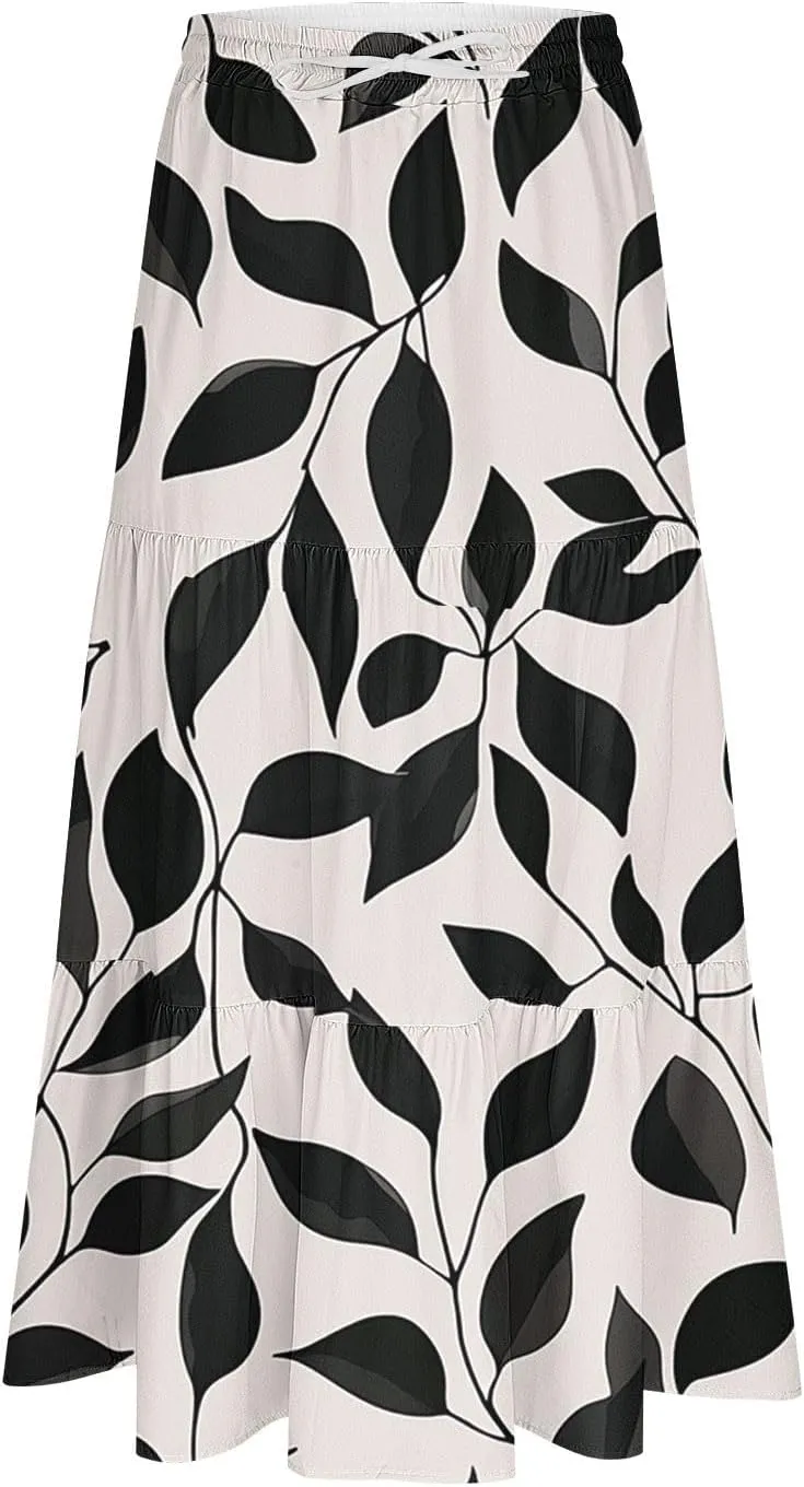 Women Flowy Pleated Skirts Elastic High Waist Drawstring Midi Skirt Boho Casual Summer Printed Ruffle Tiered Dress