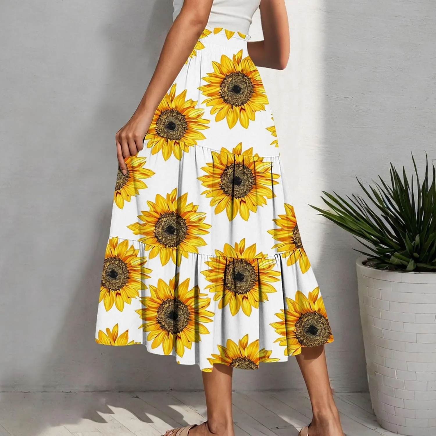 Women Flowy Pleated Skirts Elastic High Waist Drawstring Midi Skirt Boho Casual Summer Printed Ruffle Tiered Dress