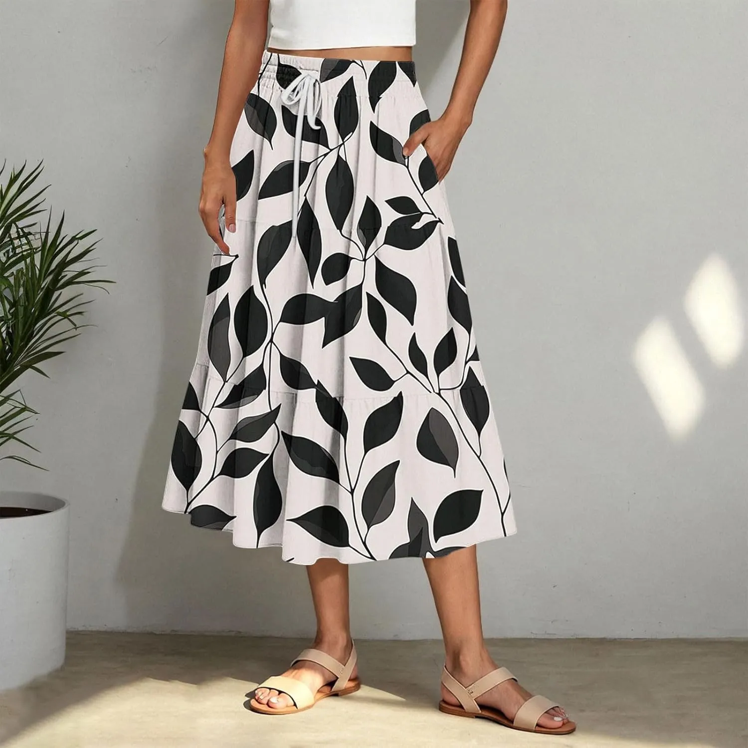 Women Flowy Pleated Skirts Elastic High Waist Drawstring Midi Skirt Boho Casual Summer Printed Ruffle Tiered Dress