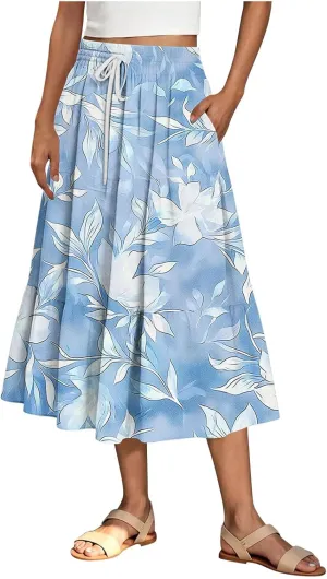Women Flowy Pleated Skirts Elastic High Waist Drawstring Midi Skirt Boho Casual Summer Printed Ruffle Tiered Dress