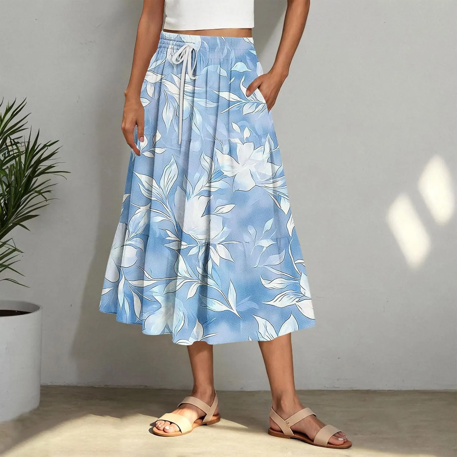 Women Flowy Pleated Skirts Elastic High Waist Drawstring Midi Skirt Boho Casual Summer Printed Ruffle Tiered Dress