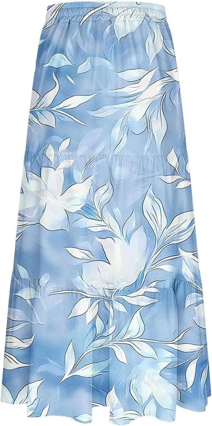 Women Flowy Pleated Skirts Elastic High Waist Drawstring Midi Skirt Boho Casual Summer Printed Ruffle Tiered Dress