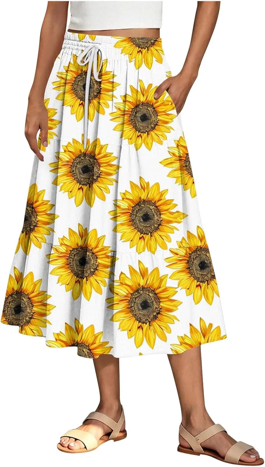 Women Flowy Pleated Skirts Elastic High Waist Drawstring Midi Skirt Boho Casual Summer Printed Ruffle Tiered Dress