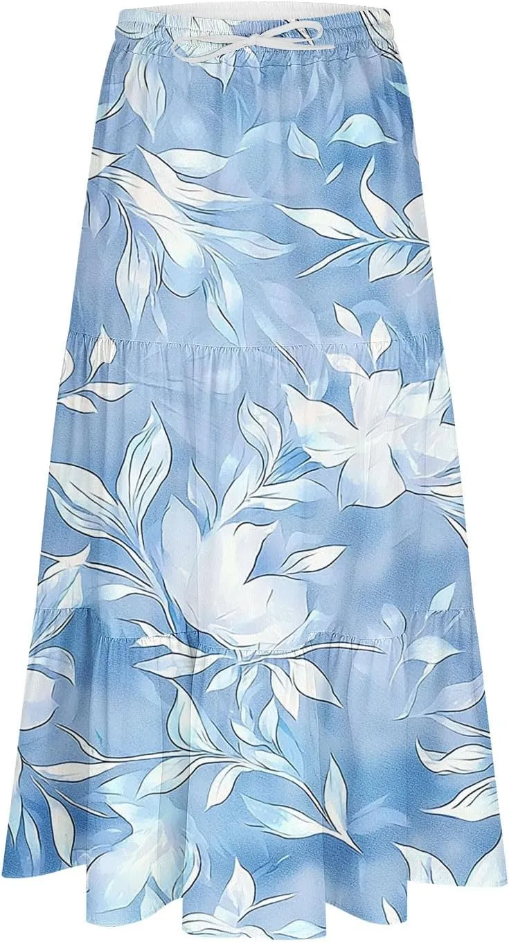 Women Flowy Pleated Skirts Elastic High Waist Drawstring Midi Skirt Boho Casual Summer Printed Ruffle Tiered Dress