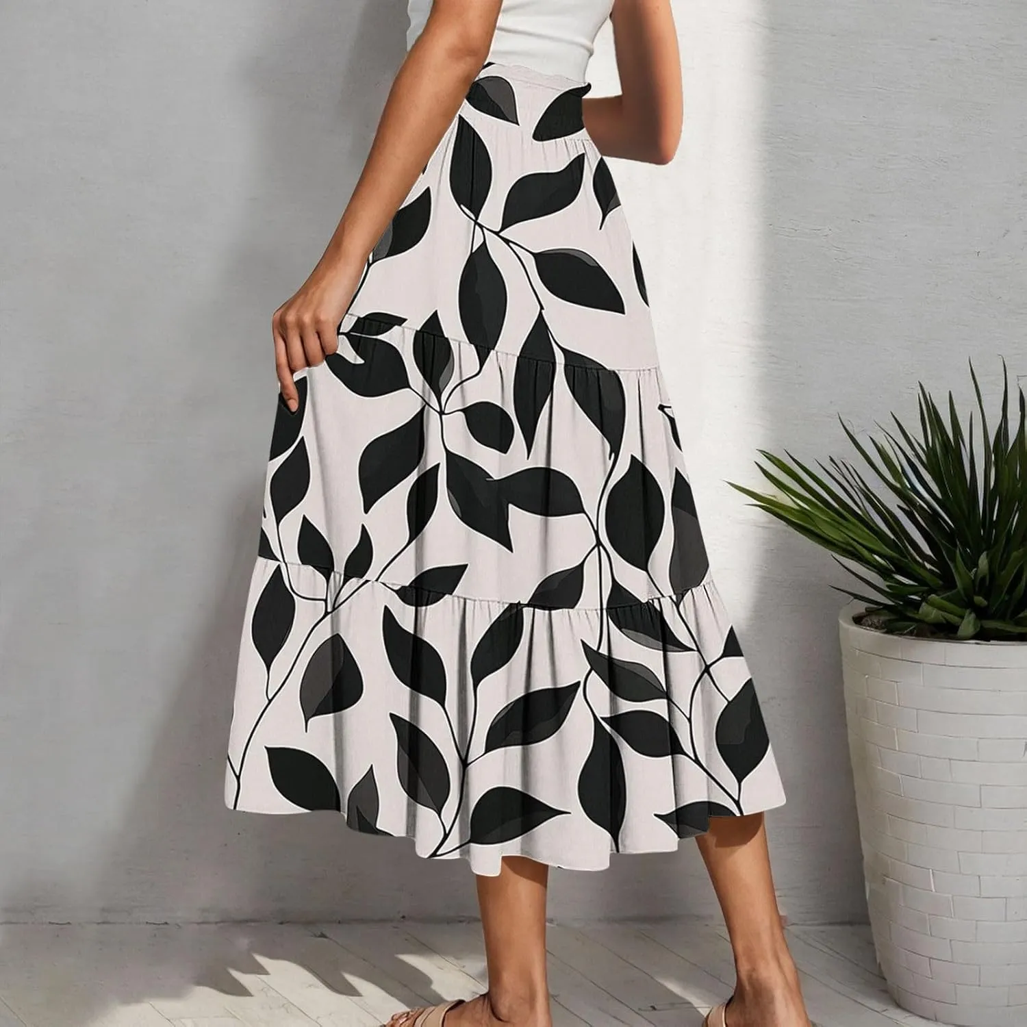 Women Flowy Pleated Skirts Elastic High Waist Drawstring Midi Skirt Boho Casual Summer Printed Ruffle Tiered Dress
