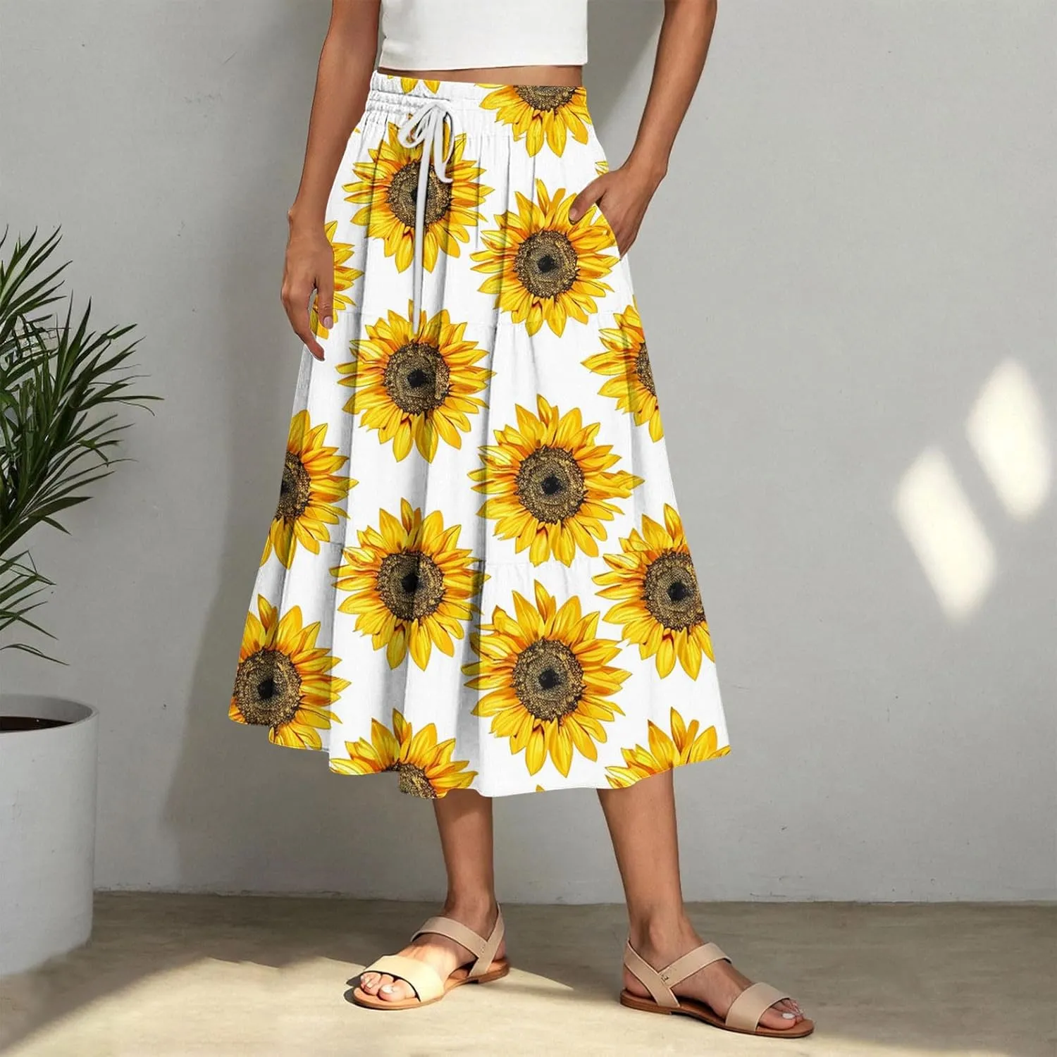 Women Flowy Pleated Skirts Elastic High Waist Drawstring Midi Skirt Boho Casual Summer Printed Ruffle Tiered Dress
