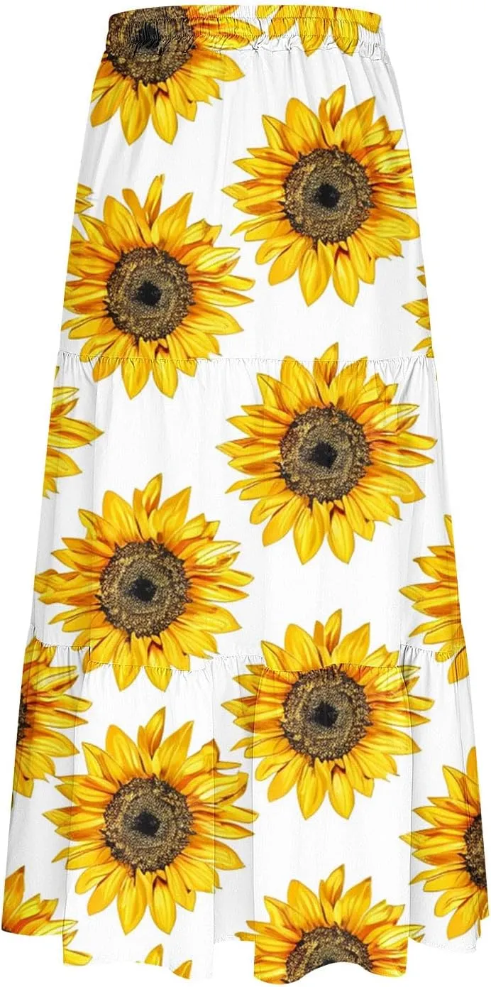 Women Flowy Pleated Skirts Elastic High Waist Drawstring Midi Skirt Boho Casual Summer Printed Ruffle Tiered Dress