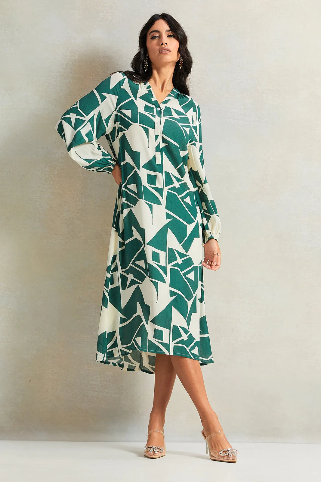 Women Green And Beige Printed Dress