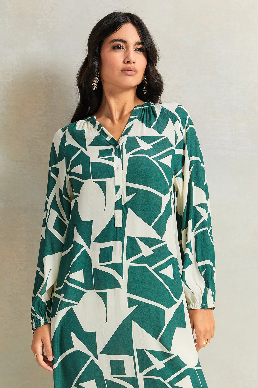 Women Green And Beige Printed Dress