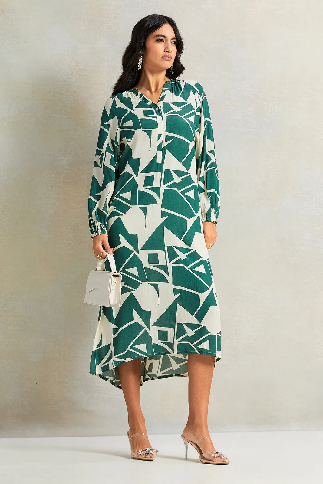 Women Green And Beige Printed Dress