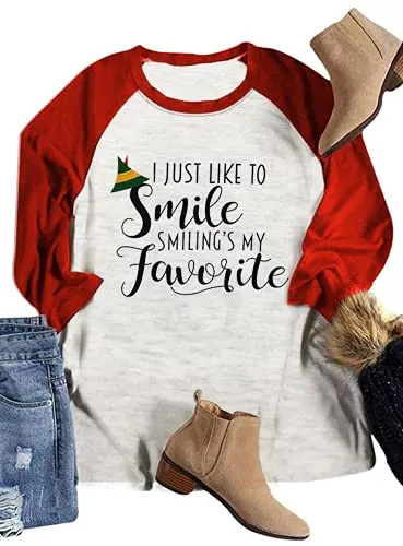 Women I Just Like to Smile Smiling's My Favorite X-Mas Blouse 3/4 Sleeve Christmas Shirt