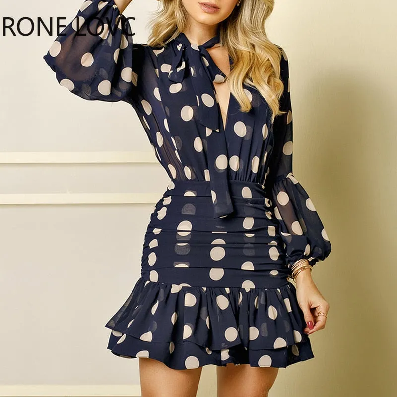 Women Long Sleeves Dot Print Ruffles Mesh Open Back Dress  Elegant Fashion Chic Dress