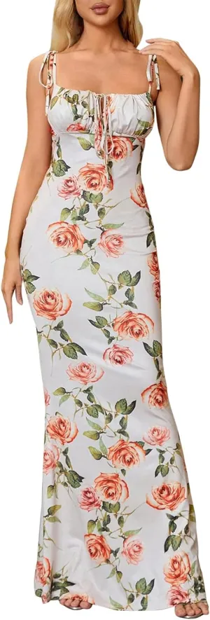 Women Milkmaid Dress Summer Floral Corset Dress Sexy Sleeveless Bustier Dresses Spaghetti Strap Bodycon Maxi Dresses
