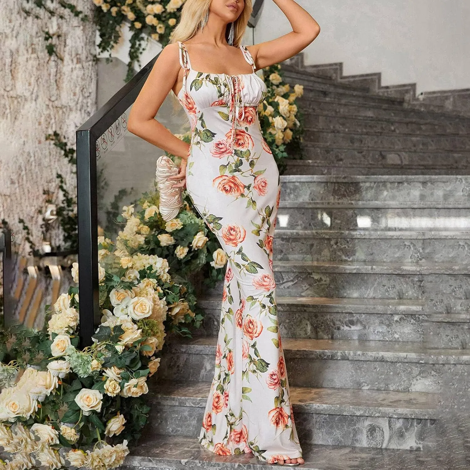Women Milkmaid Dress Summer Floral Corset Dress Sexy Sleeveless Bustier Dresses Spaghetti Strap Bodycon Maxi Dresses