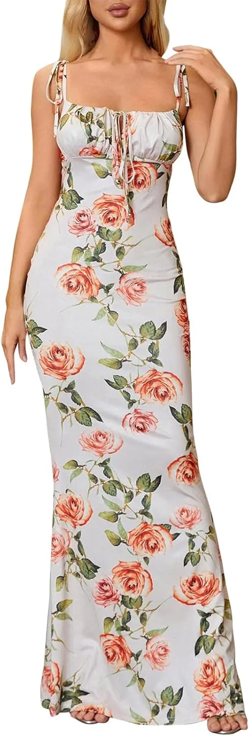 Women Milkmaid Dress Summer Floral Corset Dress Sexy Sleeveless Bustier Dresses Spaghetti Strap Bodycon Maxi Dresses