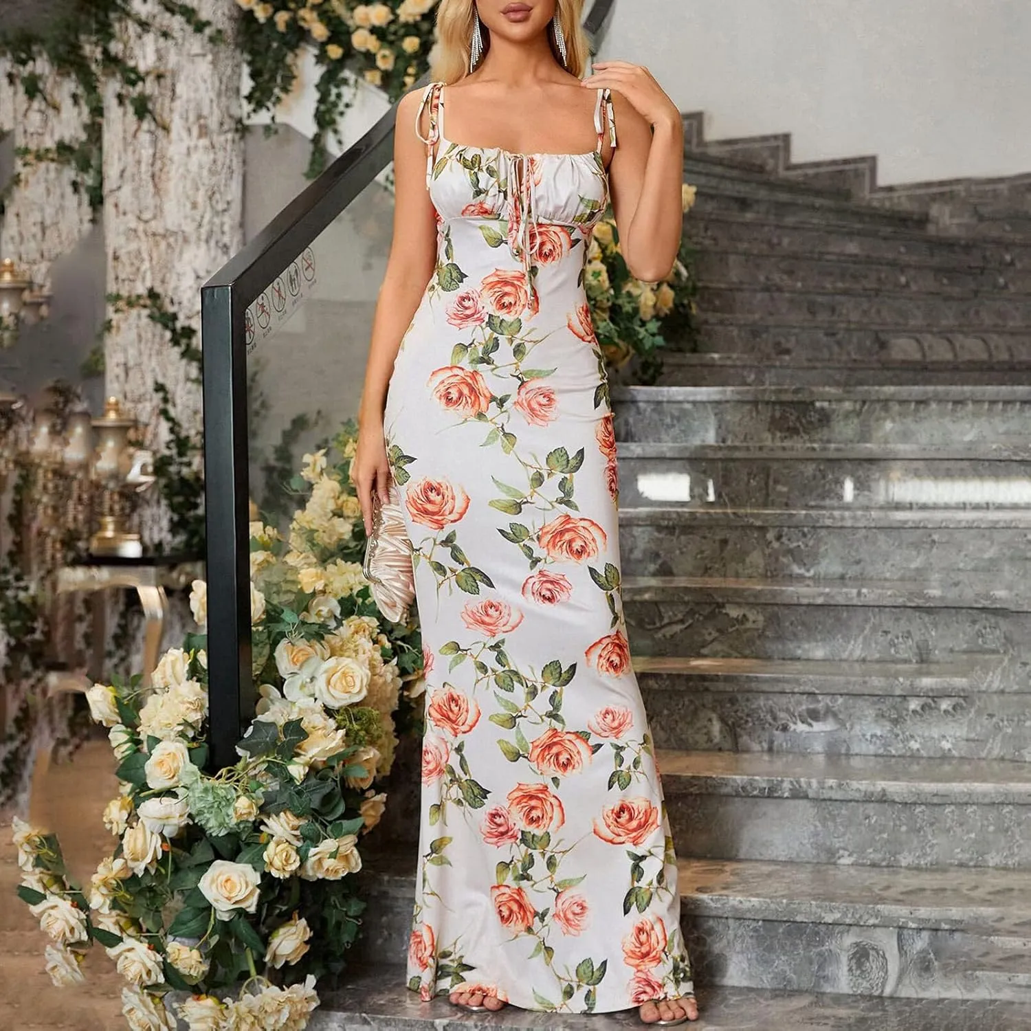 Women Milkmaid Dress Summer Floral Corset Dress Sexy Sleeveless Bustier Dresses Spaghetti Strap Bodycon Maxi Dresses