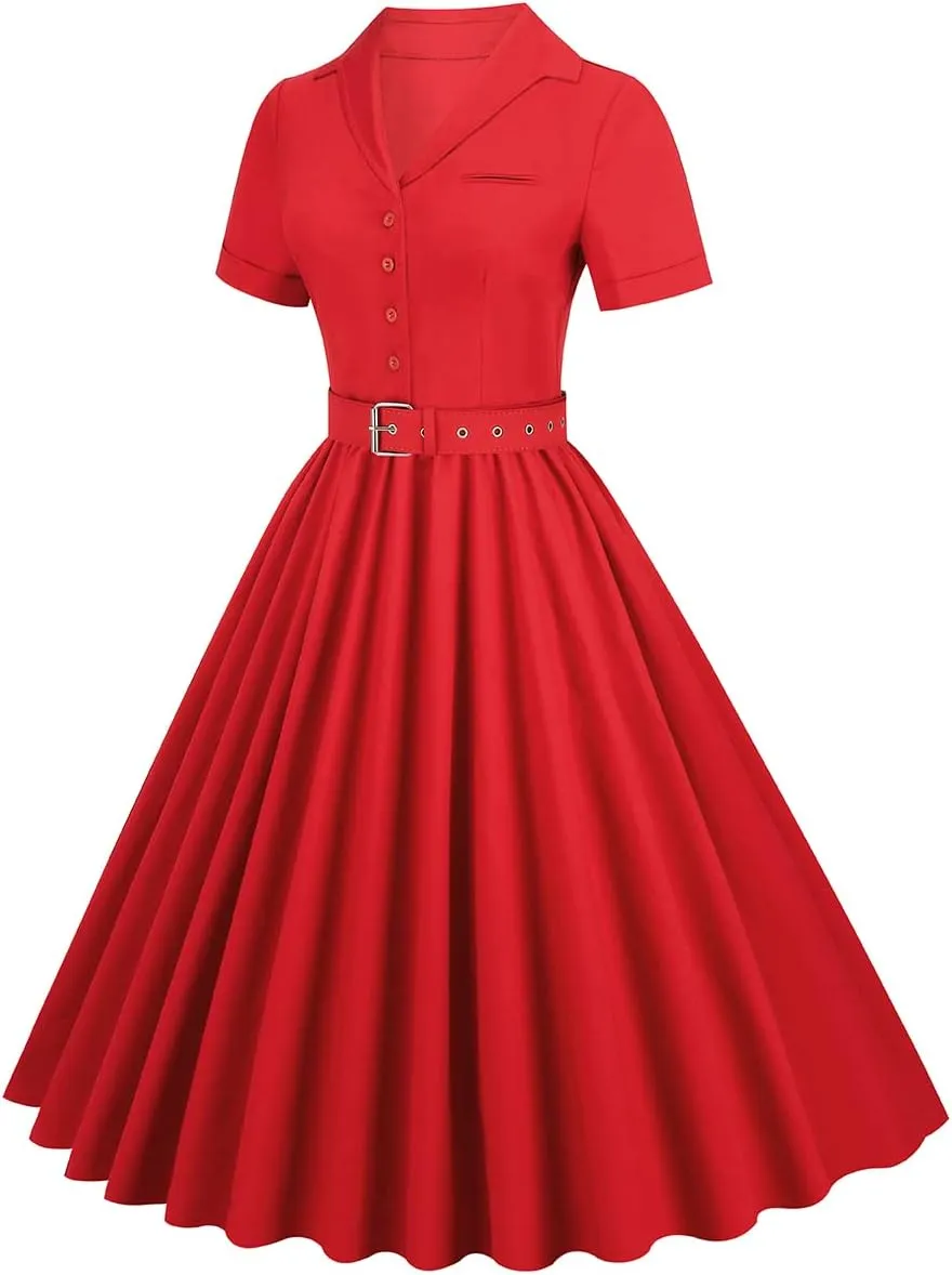 Women Notch Lapel Vintage V-Neck Cocktail Swing Dress 50s 60s Button up 1950s Rockabilly Prom Midi Evening Dress with Pockets