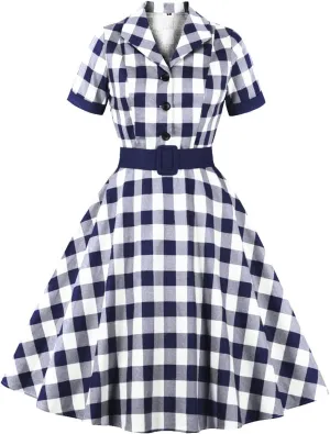 Women Notch Lapel Vintage V-Neck Cocktail Swing Dress 50s 60s Button up 1950s Rockabilly Prom Midi Evening Dress with Pockets