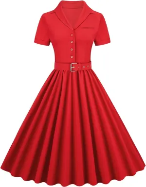 Women Notch Lapel Vintage V-Neck Cocktail Swing Dress 50s 60s Button up 1950s Rockabilly Prom Midi Evening Dress with Pockets