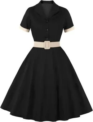 Women Notch Lapel Vintage V-Neck Cocktail Swing Dress 50s 60s Button up 1950s Rockabilly Prom Midi Evening Dress with Pockets
