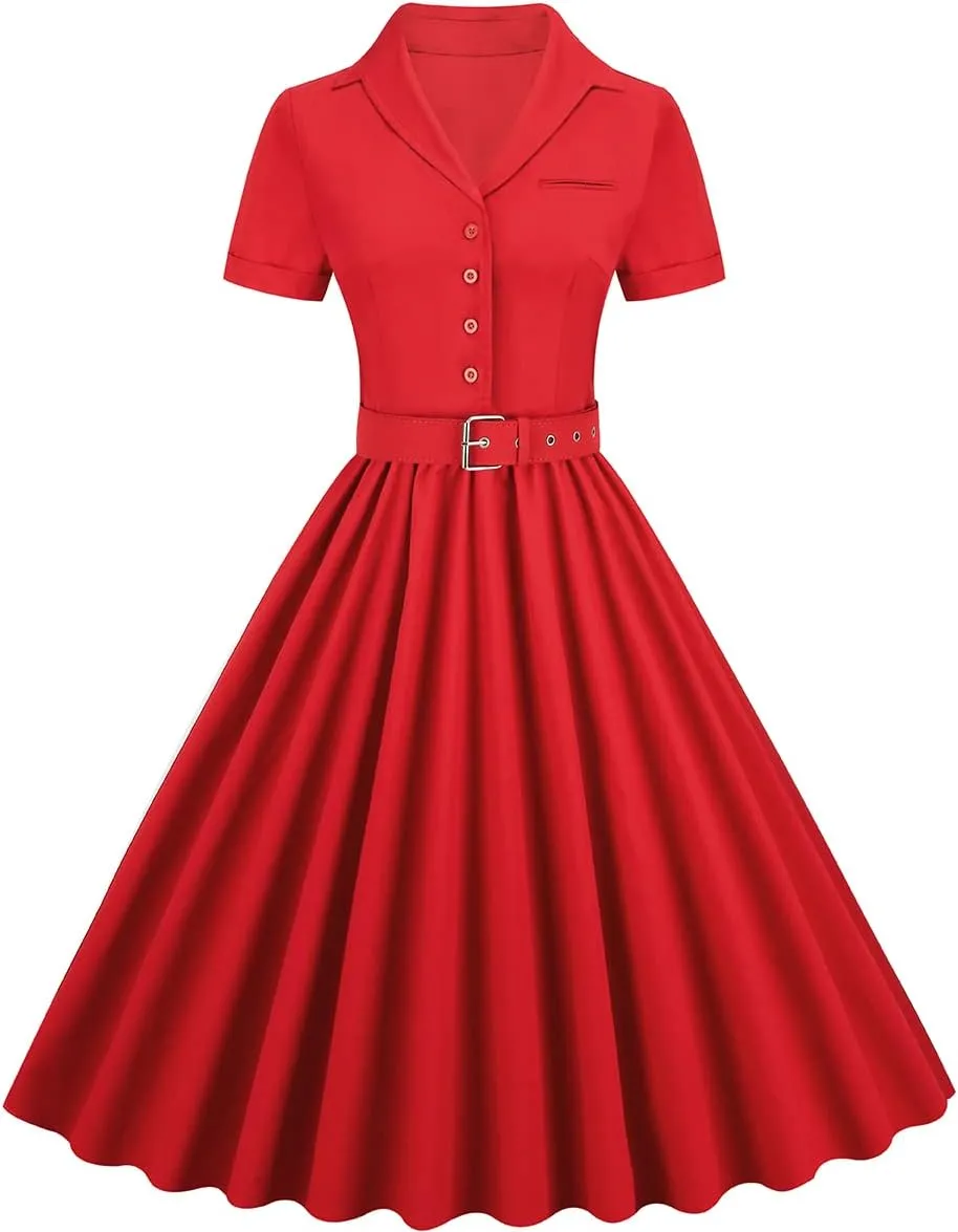 Women Notch Lapel Vintage V-Neck Cocktail Swing Dress 50s 60s Button up 1950s Rockabilly Prom Midi Evening Dress with Pockets