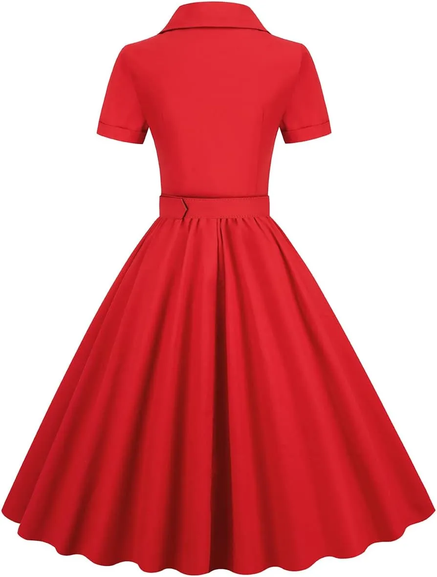 Women Notch Lapel Vintage V-Neck Cocktail Swing Dress 50s 60s Button up 1950s Rockabilly Prom Midi Evening Dress with Pockets