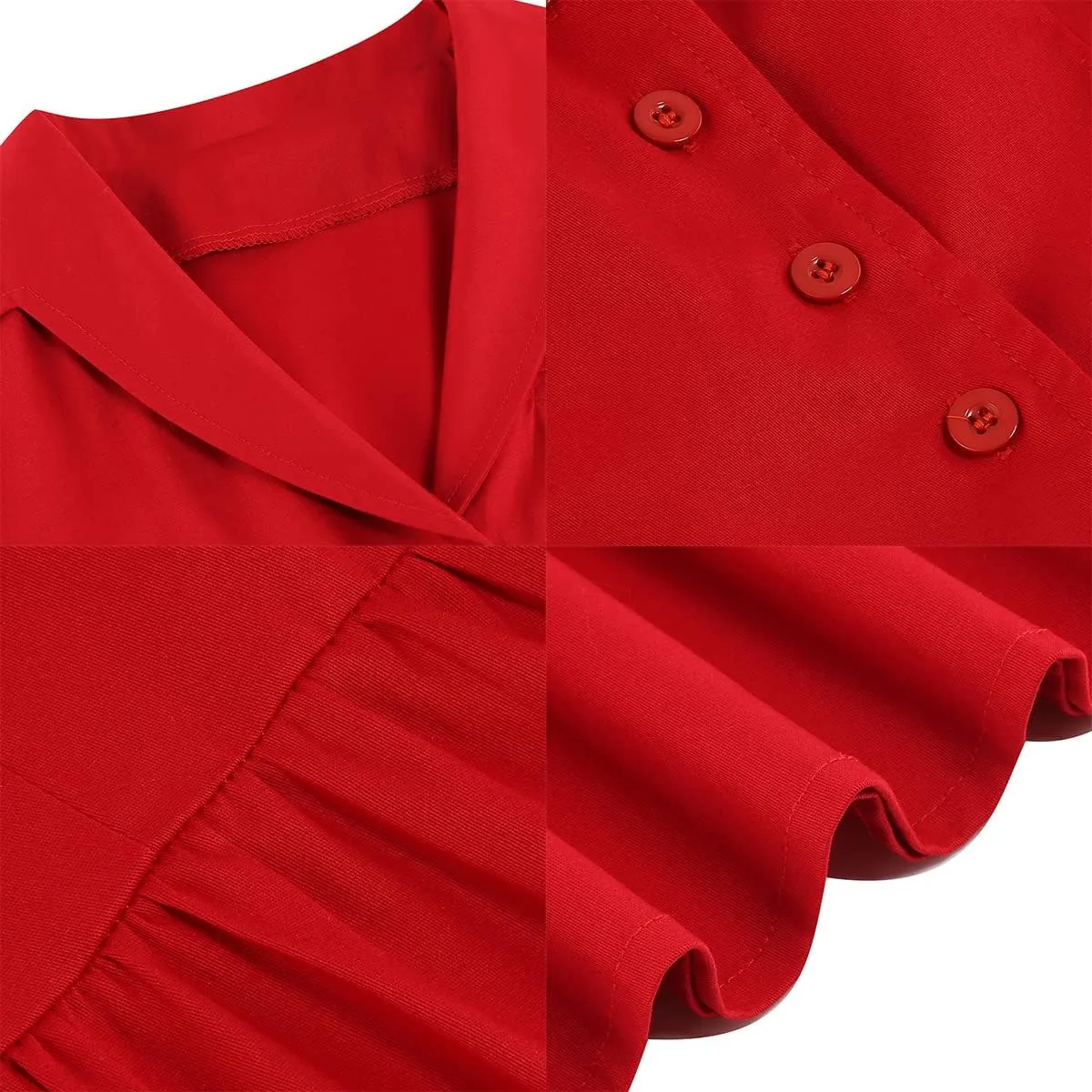 Women Notch Lapel Vintage V-Neck Cocktail Swing Dress 50s 60s Button up 1950s Rockabilly Prom Midi Evening Dress with Pockets