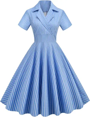 Women Notch Lapel Vintage V-Neck Cocktail Swing Dress 50s 60s Button up 1950s Rockabilly Prom Midi Evening Dress with Pockets