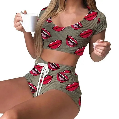 Women O Neck Short Sleeve Shorts Homewear Pajamas Summer Striped