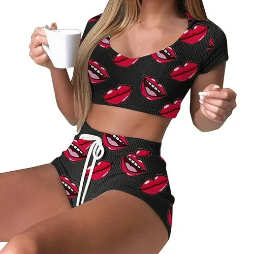 Women O Neck Short Sleeve Shorts Homewear Pajamas Summer Striped