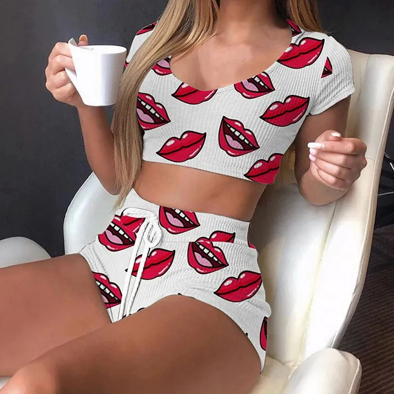 Women O Neck Short Sleeve Shorts Homewear Pajamas Summer Striped