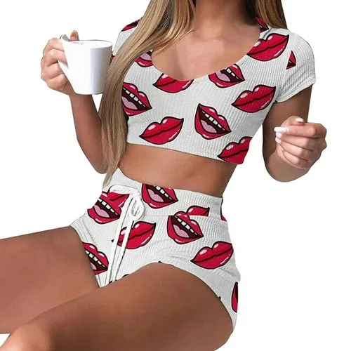 Women O Neck Short Sleeve Shorts Homewear Pajamas Summer Striped