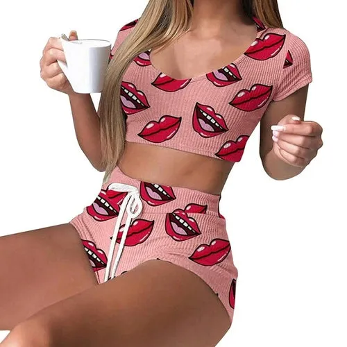 Women O Neck Short Sleeve Shorts Homewear Pajamas Summer Striped