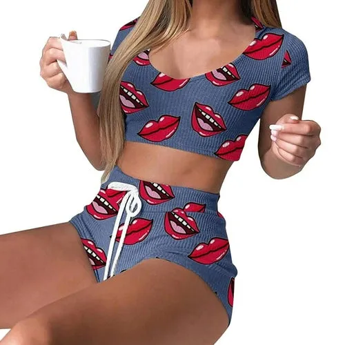 Women O Neck Short Sleeve Shorts Homewear Pajamas Summer Striped