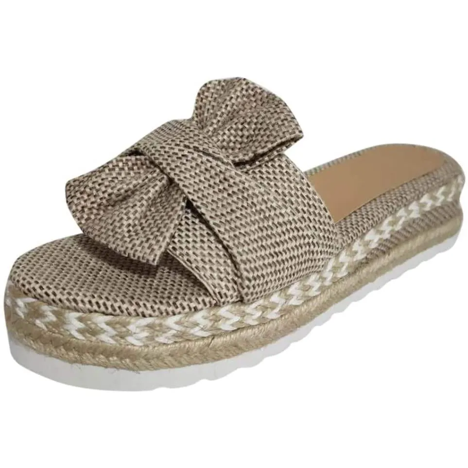 Women Peep Toe Slides Bowknot Slingback Espadrille Beach Platform Heel Shoes