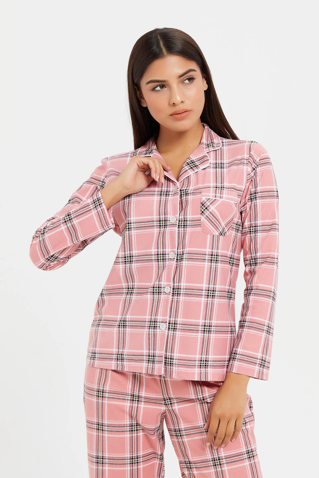 Women Pink Checkered Pyjama Set (2 Piece)