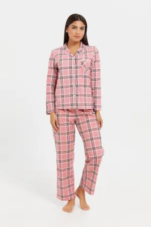 Women Pink Checkered Pyjama Set (2 Piece)