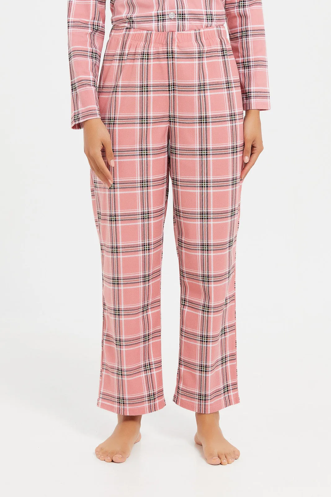 Women Pink Checkered Pyjama Set (2 Piece)