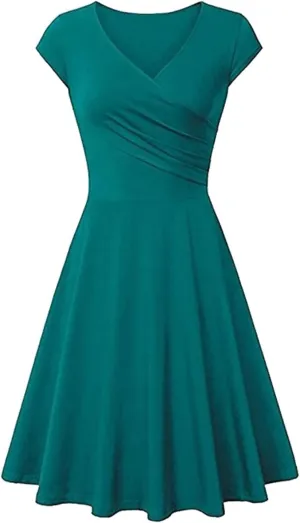 Women Short Retro Vintage Cocktail Dress Wrap V Neck Short Sleeve A Line Work Formal Wedding Guest Midi Dress