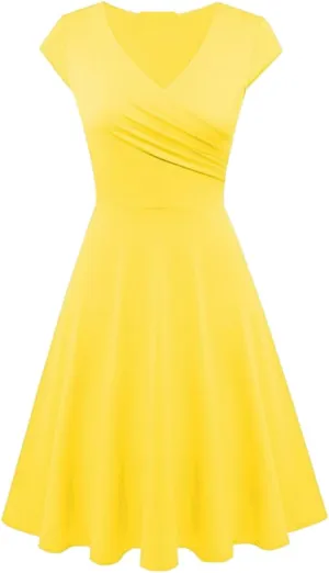 Women Short Retro Vintage Cocktail Dress Wrap V Neck Short Sleeve A Line Work Formal Wedding Guest Midi Dress