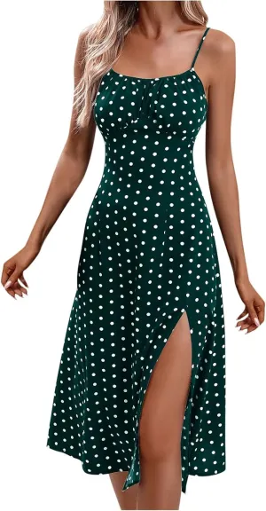 Women Sleeveless Dress Fashion Spaghetti Straps Split Dress Casual Polka Dot Print Cami Dress Elegant Sexy Midi Dress
