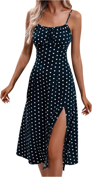 Women Sleeveless Dress Fashion Spaghetti Straps Split Dress Casual Polka Dot Print Cami Dress Elegant Sexy Midi Dress
