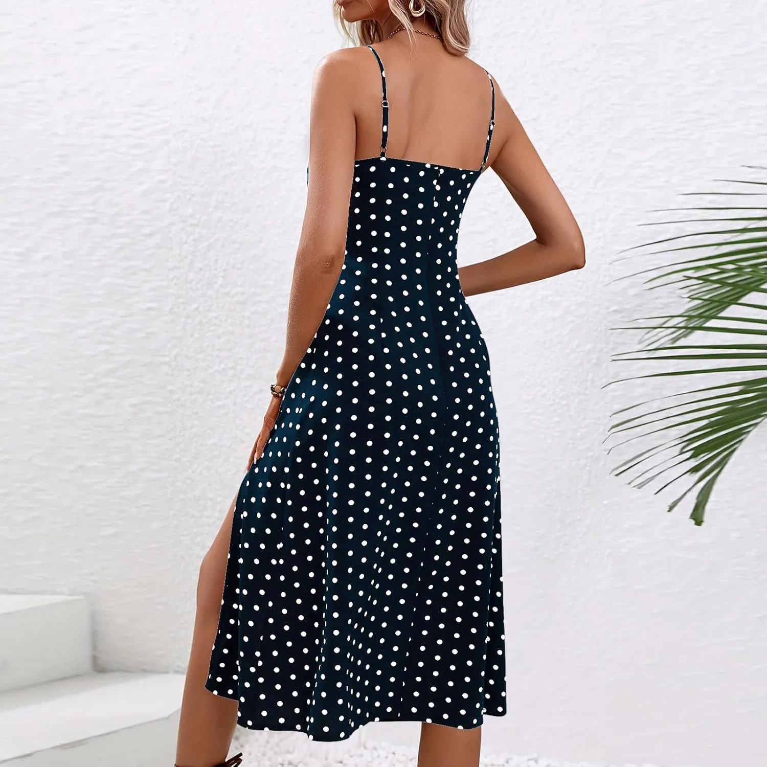 Women Sleeveless Dress Fashion Spaghetti Straps Split Dress Casual Polka Dot Print Cami Dress Elegant Sexy Midi Dress