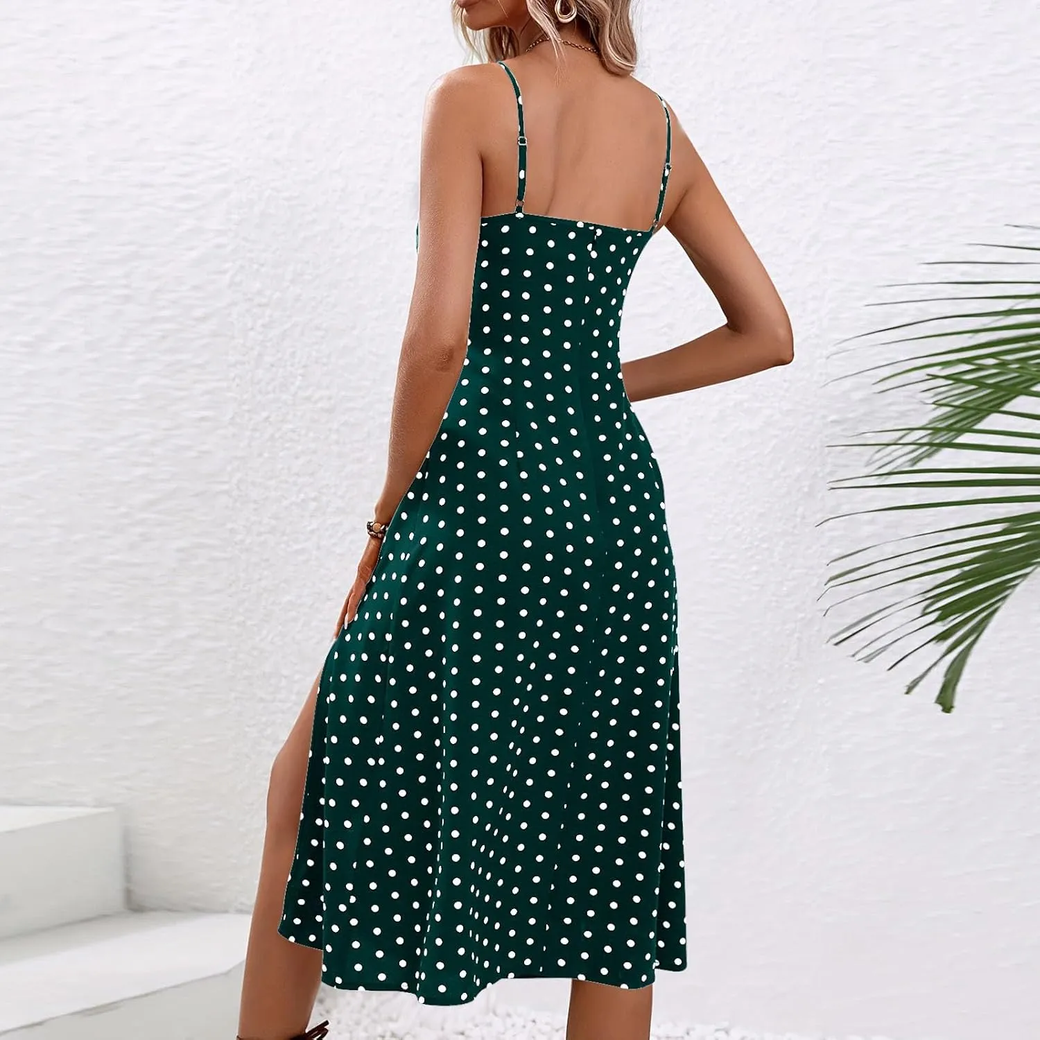 Women Sleeveless Dress Fashion Spaghetti Straps Split Dress Casual Polka Dot Print Cami Dress Elegant Sexy Midi Dress